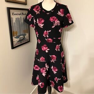 Kate Spade New York Floral Fit & Flare Dress Black Pink Roses Size 10